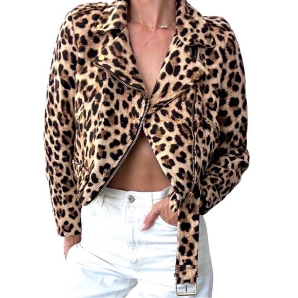 Zara outerwear Leopard Print motorcycle Women's Jacket Sz M - Picture 3 of 6